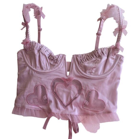 For Love & Lemons Pink Heart Mesh Corset Top With Ruffle Trim XXS - Picture 7 of 16